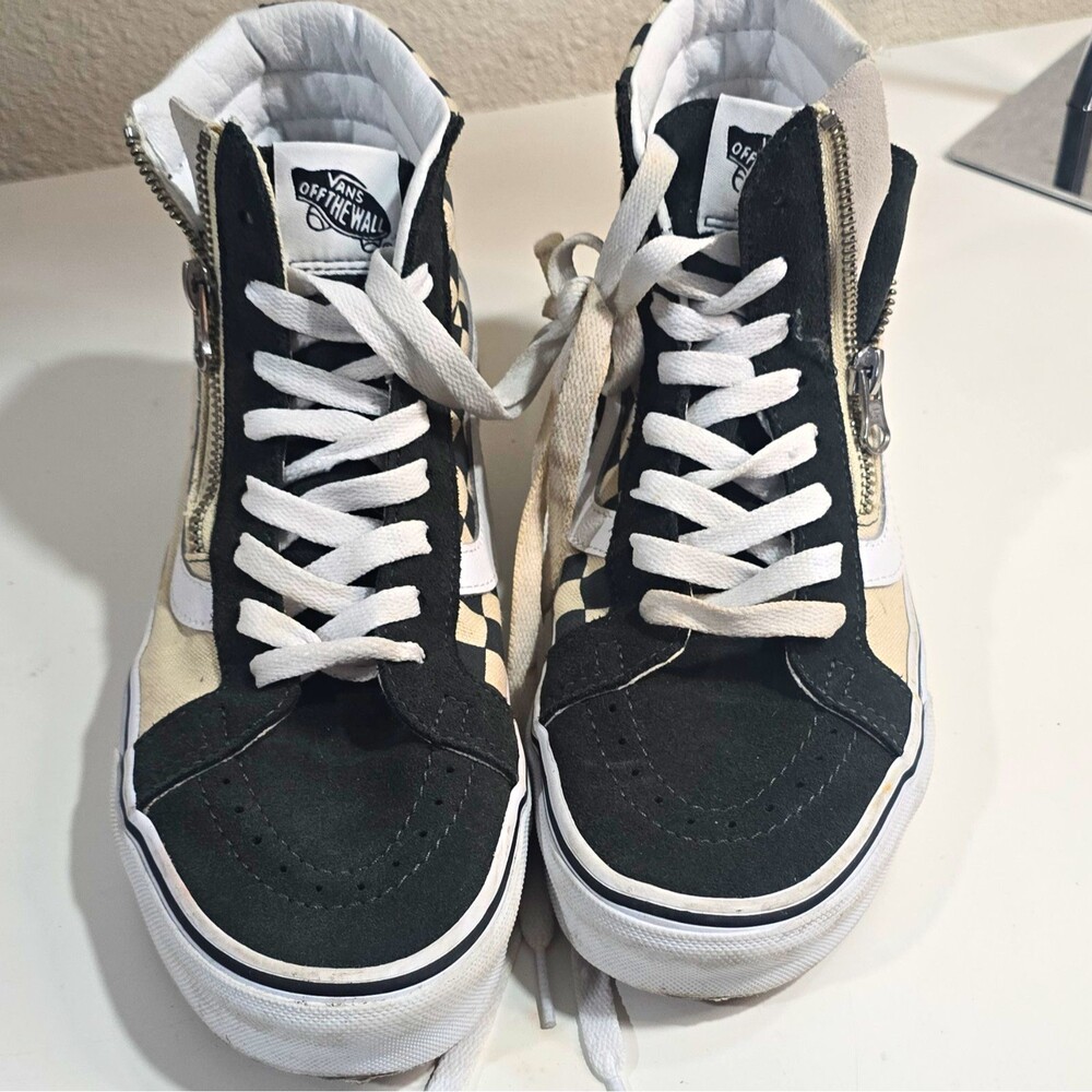 VANS Sk8-Hi Men's High Top Athletic Sneakers Black White Beige Check Zip Lace